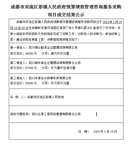 成都市雙流區彭鎮人民政府預算績效管理咨詢服務采購項目結果公示